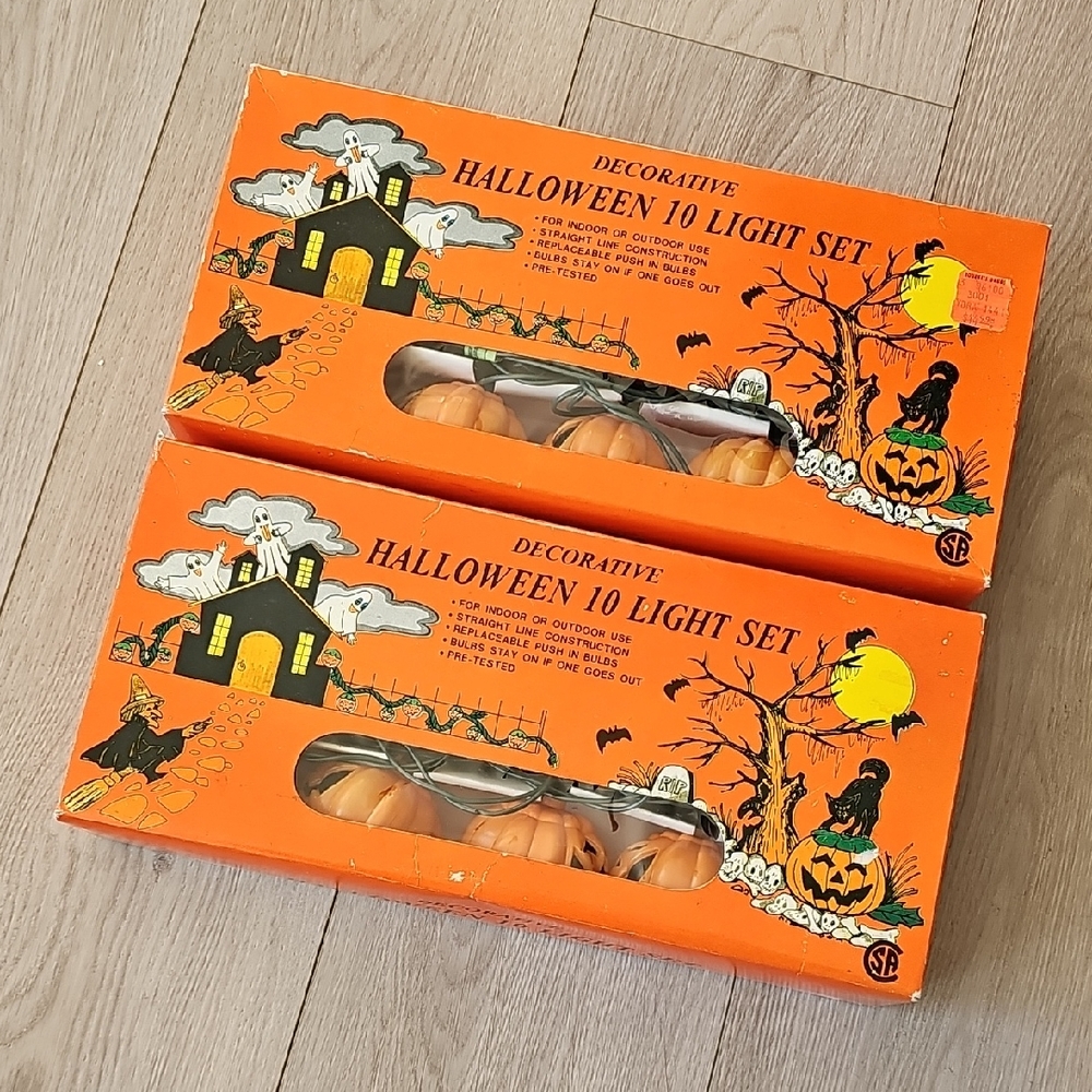 Vintage Blow Mold Pumpkin Halloween String‎ Lights, 2 Sets
